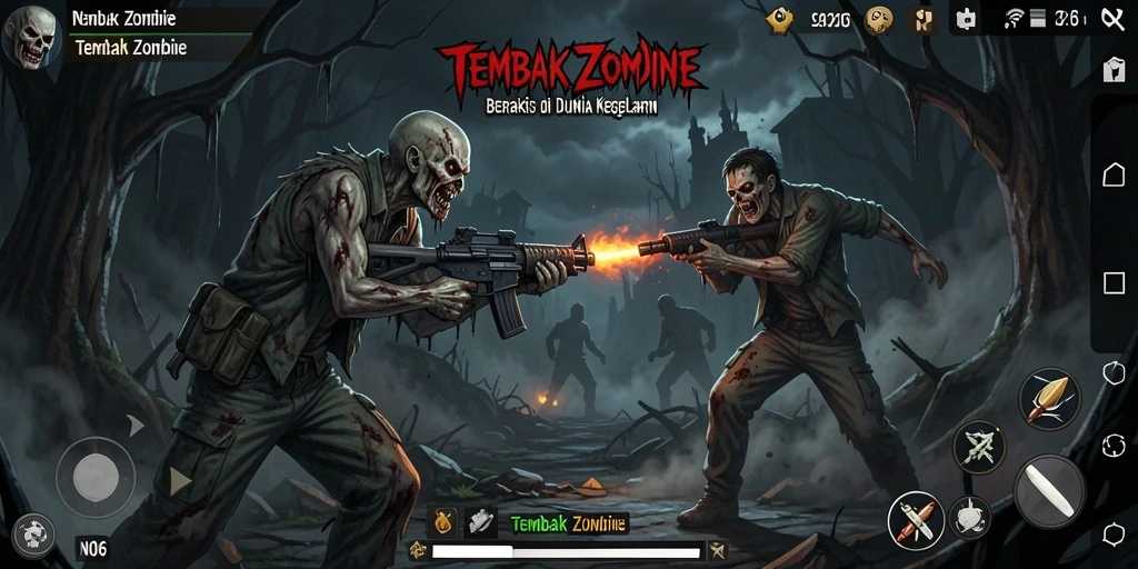 Screenshot N06 menampilkan aksi tembak zombie yang mendebarkan.